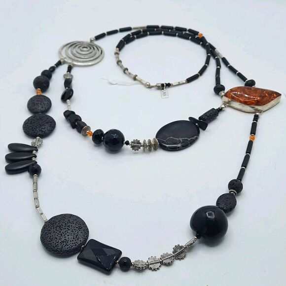 ONE Of A KIND Silver Amber Onyx Lava Statement Asymmetrical Necklace LUKA Design - Picture 3 of 5